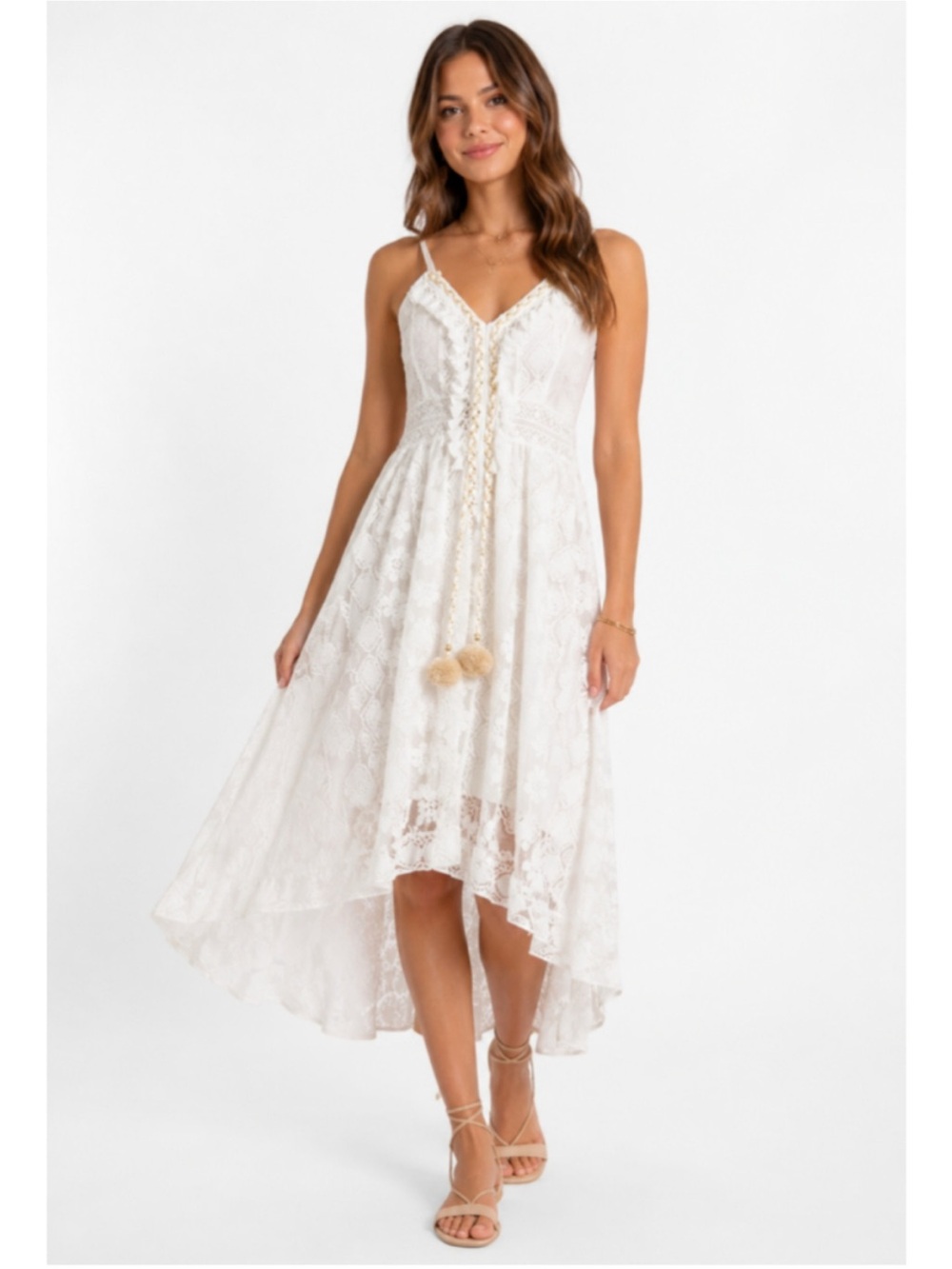Cupshe Ariya V-neck Lace Up Slip Dress Size Small High-Low Boho Sundress Tassel